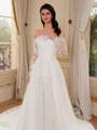 A-line Off-the-Shoulder Long Sleeves Appliques Lace Chapel Train Tulle Corset Wedding Dress