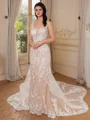 Sheath V-neck Appliques Lace Cathedral Train Tulle Wedding Dress