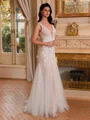 Sheath V-neck Appliques Lace Sweep Train Tulle Wedding Dress