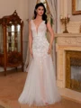 Sheath V-neck Appliques Lace Sweep Train Tulle Wedding Dress