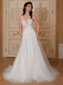 A-line V-neck Appliques Lace Court Train Tulle Wedding Dress