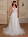 A-line V-neck Appliques Lace Court Train Tulle Wedding Dress