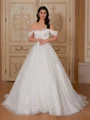 Ball-Gown Off-the-Shoulder Ruffles Court Train Satin Corset Wedding Dress