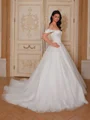 Ball-Gown Off-the-Shoulder Ruffles Court Train Satin Corset Wedding Dress