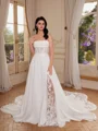 A-line Off-the-Shoulder Long Sleeves Appliques Lace Chapel Train Chiffon Corset Wedding Dress