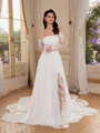 A-line Off-the-Shoulder Long Sleeves Appliques Lace Chapel Train Chiffon Corset Wedding Dress