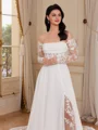 A-line Off-the-Shoulder Long Sleeves Appliques Lace Chapel Train Chiffon Corset Wedding Dress