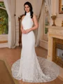 Sheath Halter Cathedral Train Lace Wedding Dress