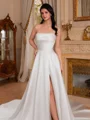 A-line Straight Pleated Chapel Train Satin Corset Wedding Dress
