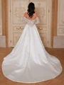A-line Off-the-Shoulder Long Sleeves Appliques Lace Chapel Train Satin Corset Wedding Dress