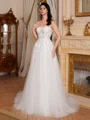 A-line Spaghetti Straps Appliques Lace Chapel Train Tulle Corset Wedding Dress