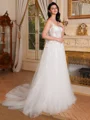 A-line Spaghetti Straps Appliques Lace Chapel Train Tulle Corset Wedding Dress