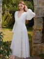 A-line V-neck Long Sleeves Pleated Tea-Length Chiffon Dress