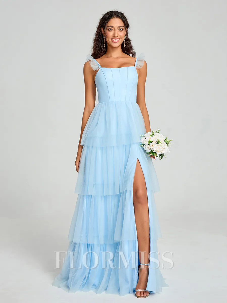 A-line/Princess Straps Floor-Length Sleeveless Tulle Bridesmaid Dress