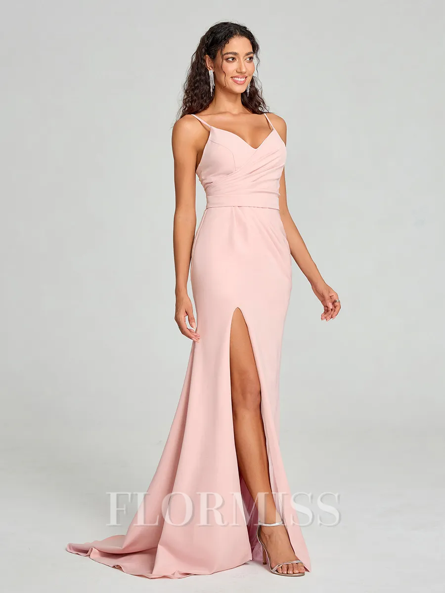 Sheath/Column V-neck Sweep Train Sleeveless Stretch Crepe Bridesmaid Dress
