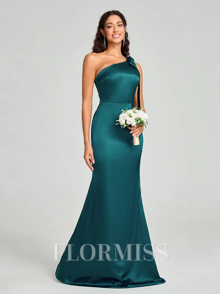 Sheath/Column One-Shoulder Floor-Length Sleeveless Silk Like Satin Bridesmaid Dress