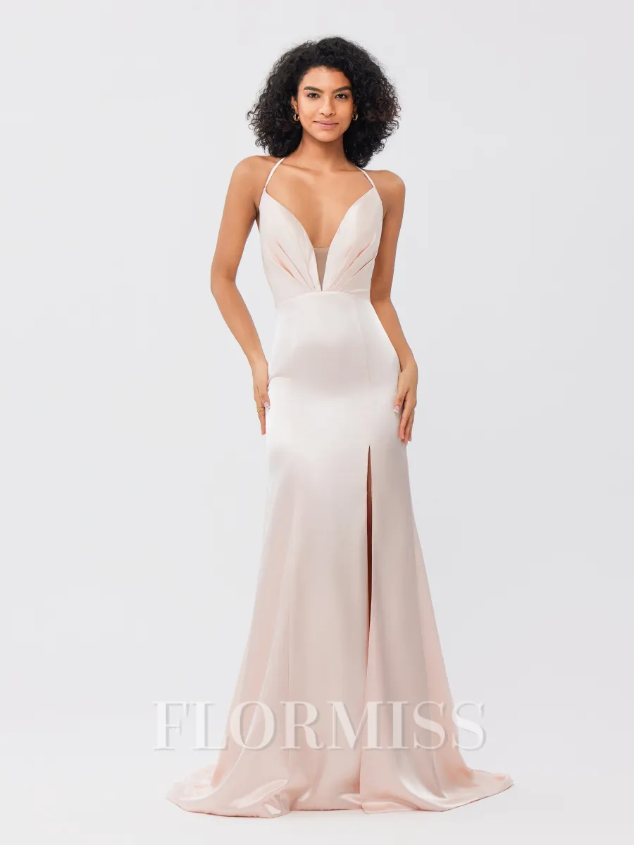 Sheath/Column Silk like Satin Ruched V-neck Sleeveless Sweep/Brush Train Bridesmaid Dresses