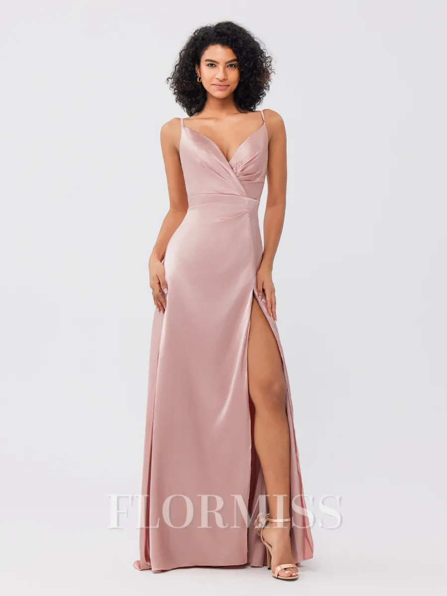 A-Line/Princess Silk like Satin Ruched V-neck Sleeveless Floor-Length Bridesmaid Dresses