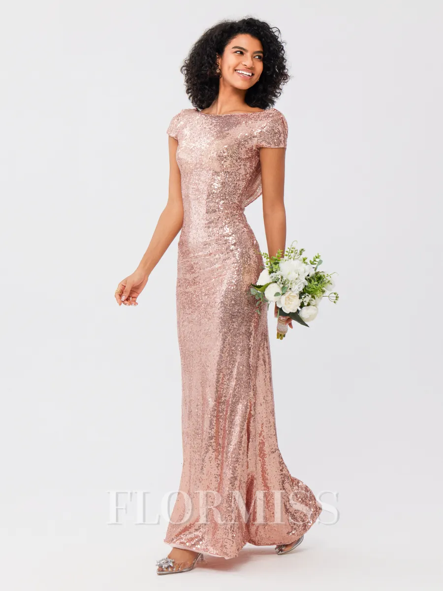 Sheath/Column Sequins Ruched Scoop Short Sleeves Floor-Length Bridesmaid Dresses
