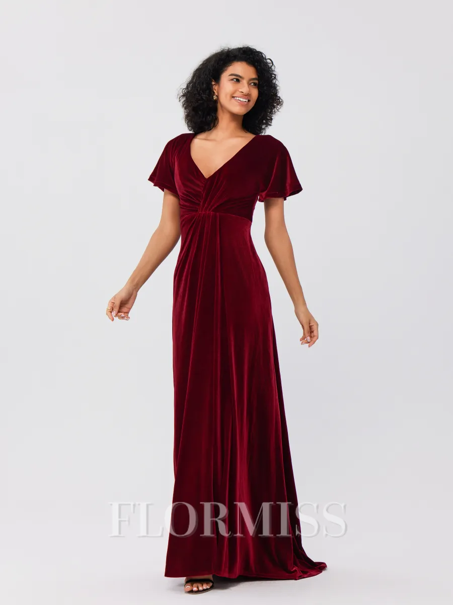 A-Line/Princess Velvet Ruched V-neck Short Sleeves Sweep/Brush Train Bridesmaid Dresses