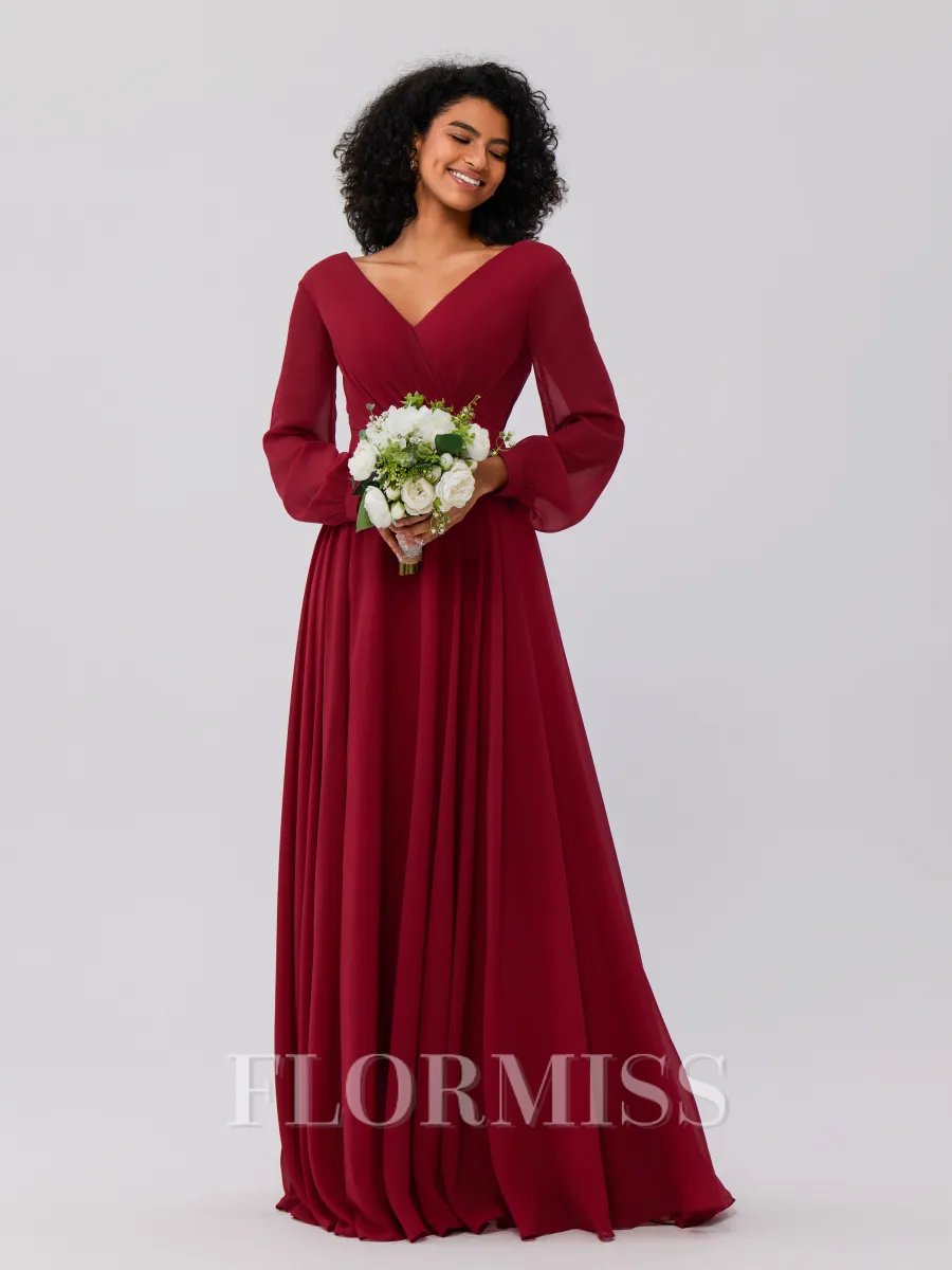 A-Line/Princess Chiffon Ruched V-neck Long Sleeves Floor-Length Bridesmaid Dresses