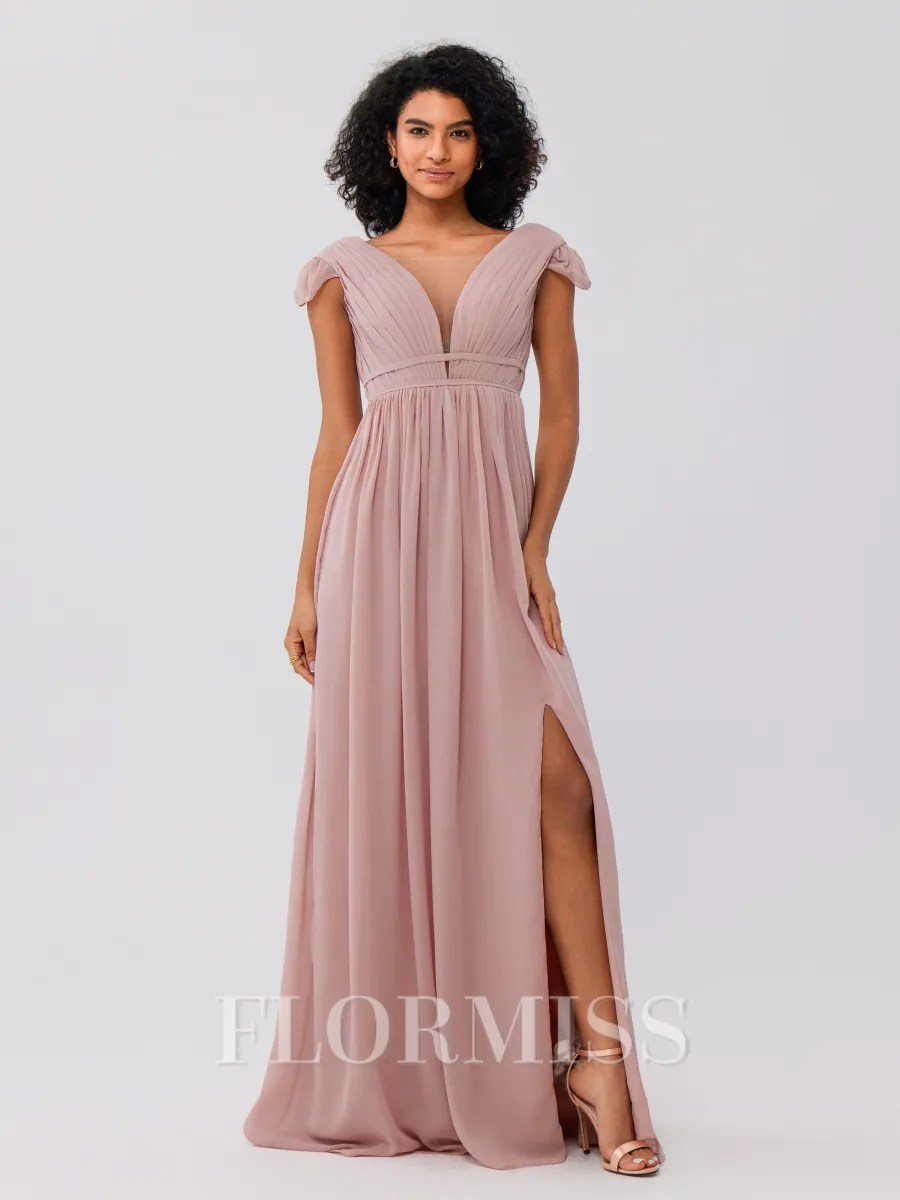 A-Line/Princess Chiffon Ruffles V-neck Sleeveless Sweep/Brush Train Bridesmaid Dresses