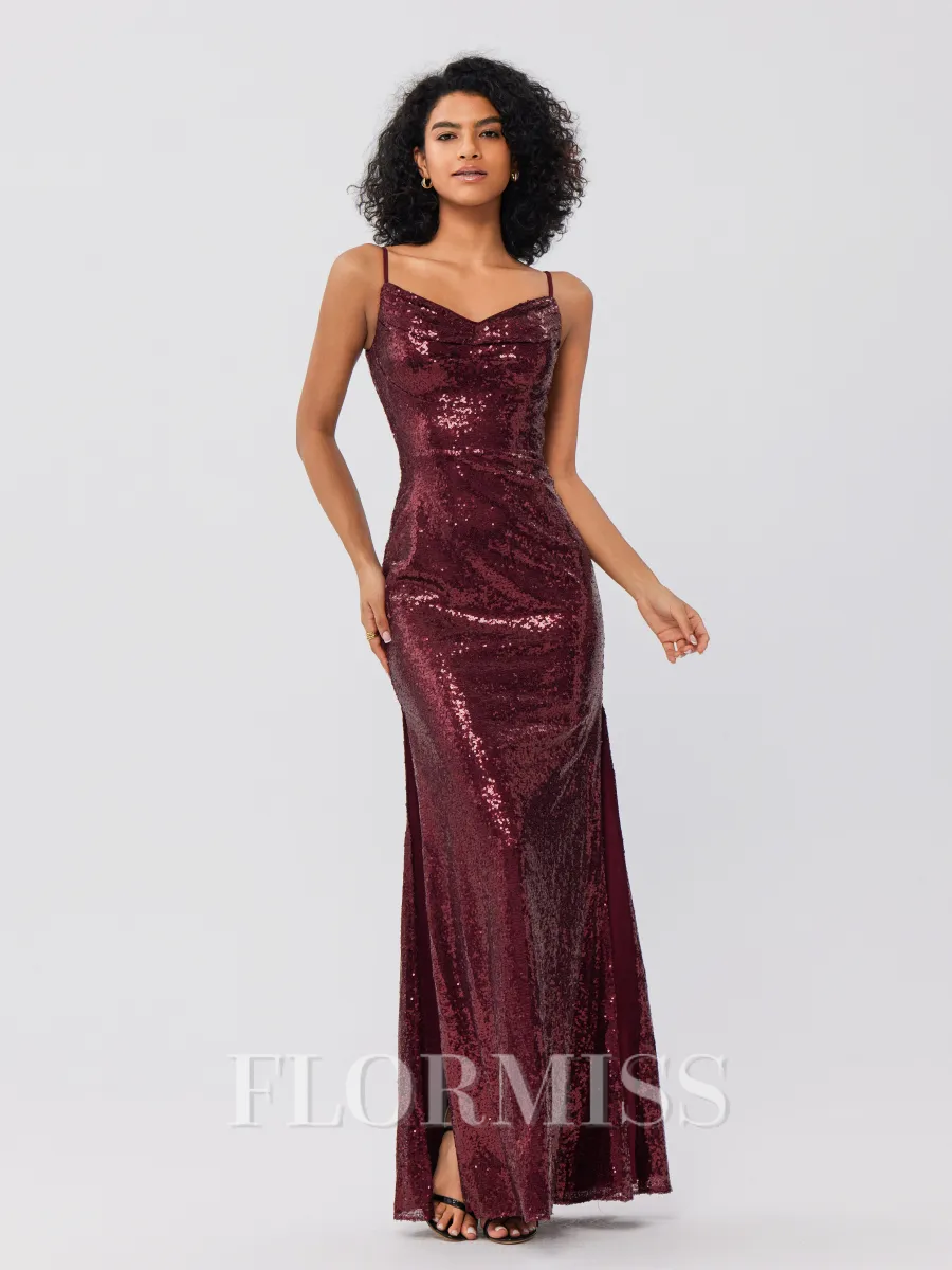 Sheath/Column Sequins Ruched Spaghetti Straps Sleeveless Floor-Length Bridesmaid Dresses