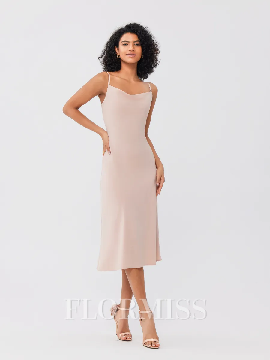 Sheath/Column Charmeuse Ruched Spaghetti Straps Sleeveless Tea-Length Bridesmaid Dresses