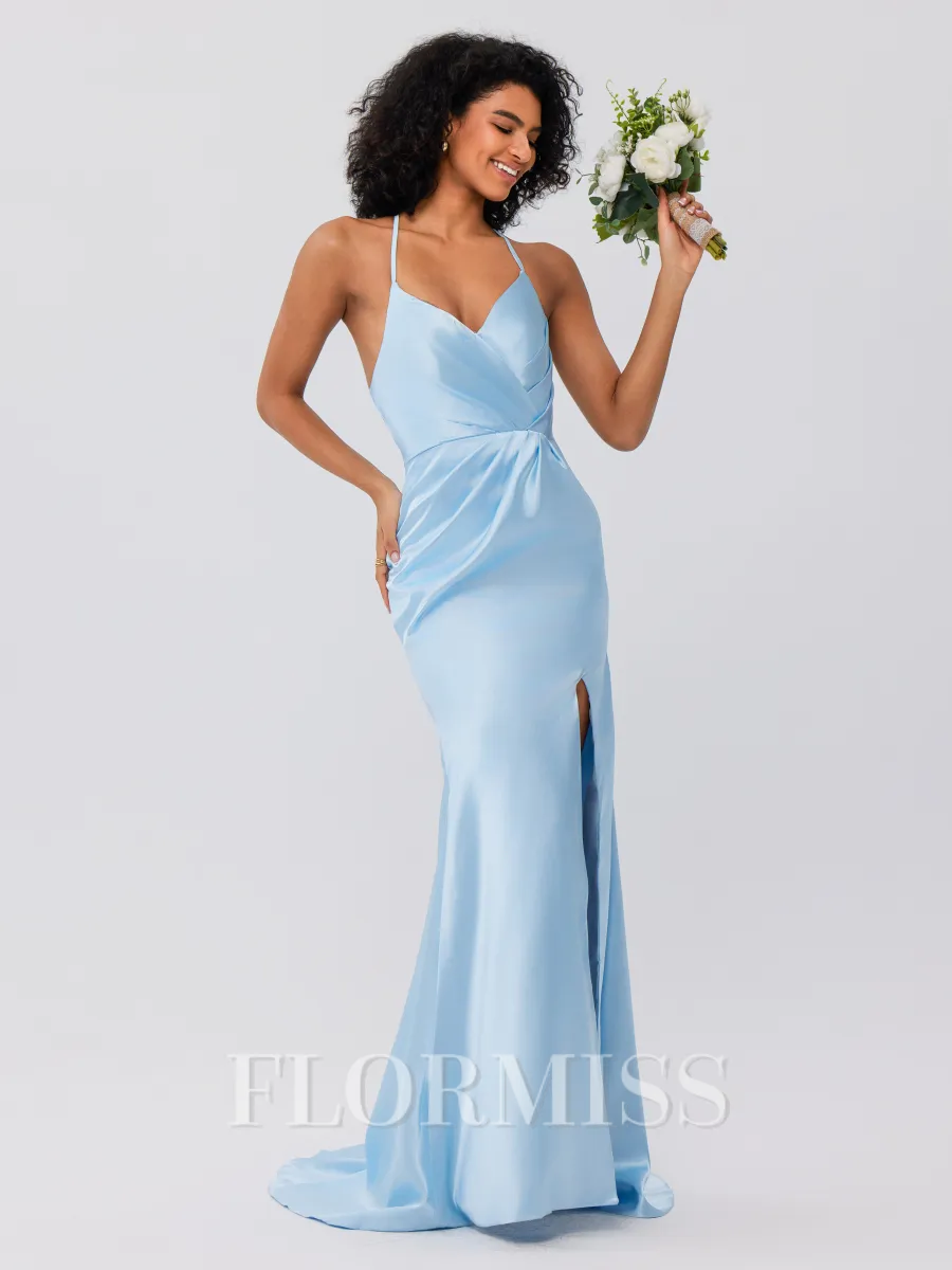 Sheath/Column Silk Like Satin Ruched Spaghetti Straps Sleeveless Sweep/Brush Train Bridesmaid Dresses