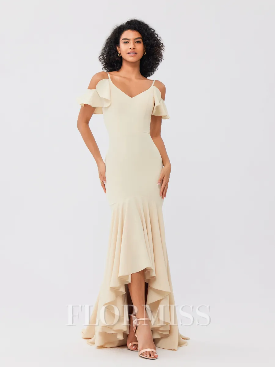 Trumpet/Mermaid Jersey Ruffles V-neck Sleeveless Asymmetrical Bridesmaid Dresses