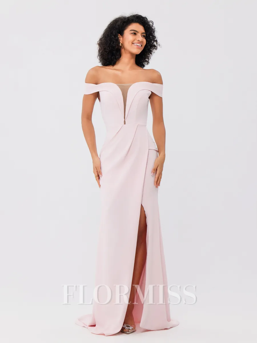 Sheath/Column Stretch Crepe Ruched Off-the-Shoulder Sleeveless Sweep/Brush Train Bridesmaid Dresses