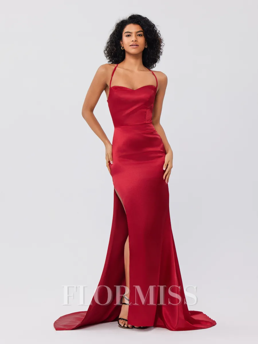 Sheath/Column Silk Like Satin Ruched Square Sleeveless Sweep/Brush Train Bridesmaid Dresses