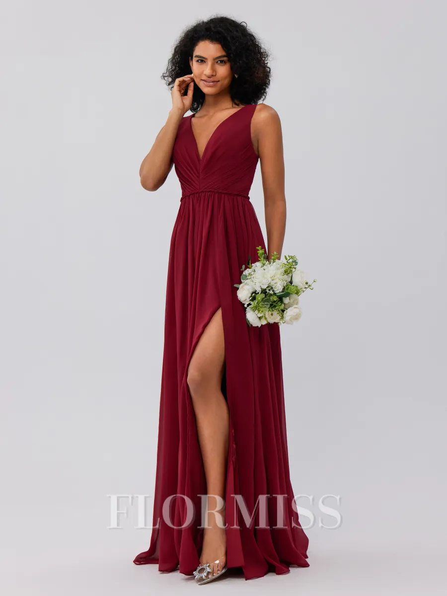 A-Line/Princess Chiffon Ruffles V-neck Sleeveless Floor-Length Bridesmaid Dresses