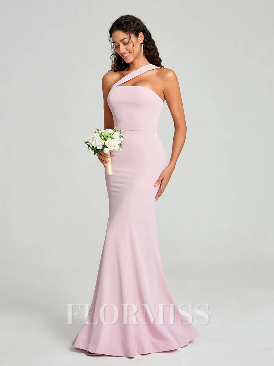 Sheath/Column One-Shoulder Floor-Length Sleeveless Stretch Crepe Bridesmaid Dress