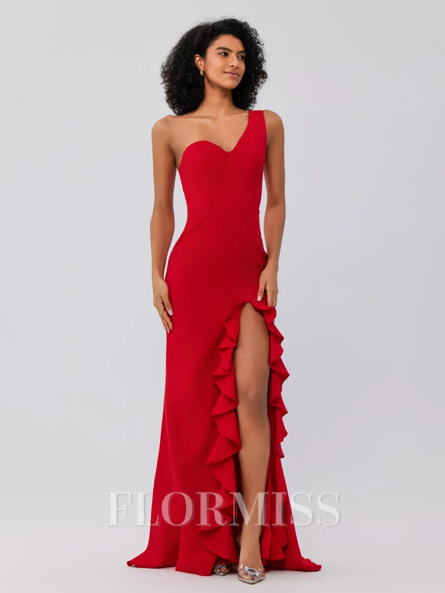 Sheath/Column Stretch Crepe Ruffles One-Shoulder Sleeveless Sweep/Brush Train Bridesmaid Dresses