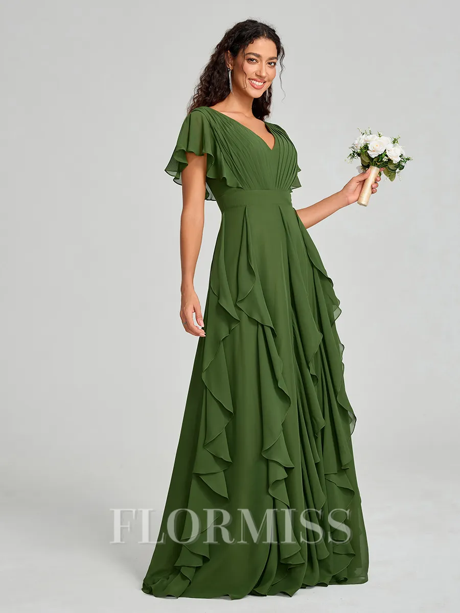 A-line/Princess V-neck Floor-Length Short Sleeves Chiffon Bridesmaid Dress