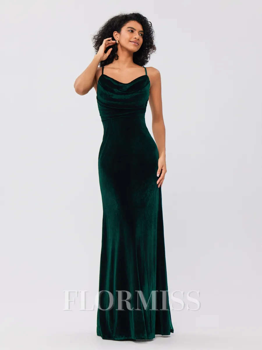 Sheath/Column Velvet Ruched Spaghetti Straps Sleeveless Floor-Length Bridesmaid Dresses