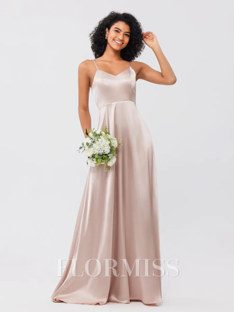 A-Line/Princess Silk like Satin Ruffles V-neck Sleeveless Floor-Length Bridesmaid Dresses