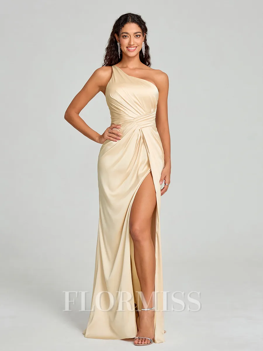 Sheath/Column One-Shoulder Floor-Length Sleeveless Silk Like Satin Bridesmaid Dress