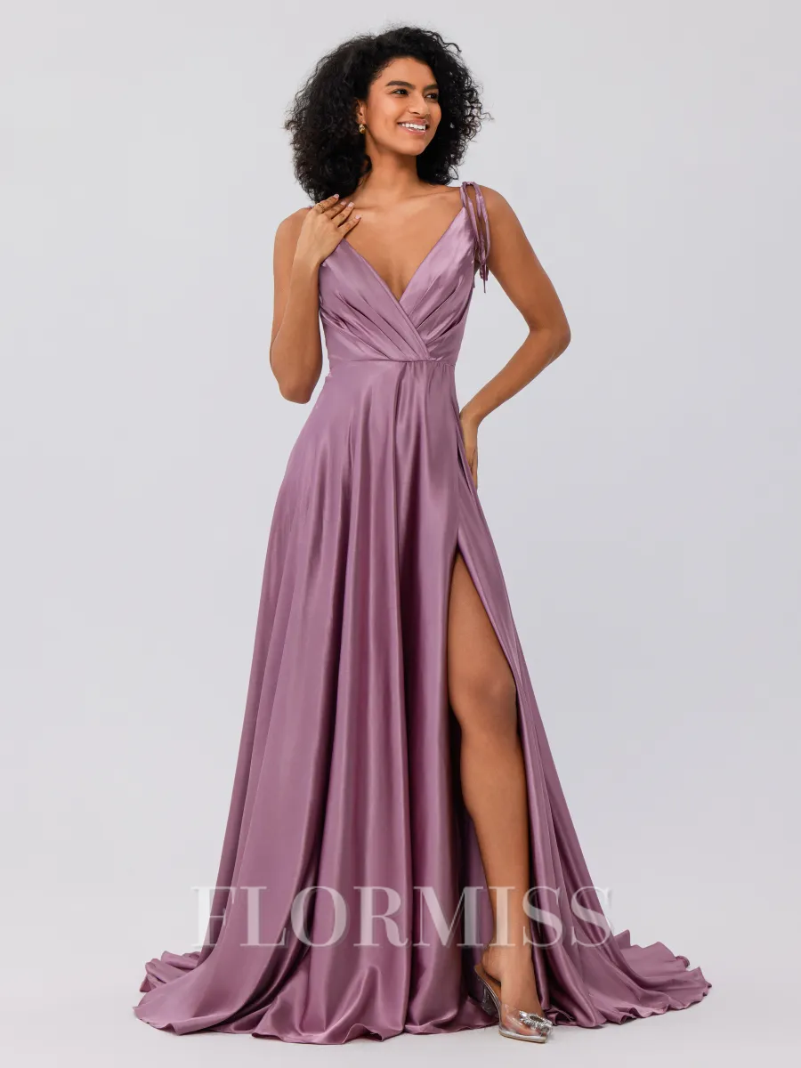 A-Line/Princess Silk like Satin Ruffles V-neck Sleeveless Sweep/Brush Train Bridesmaid Dresses