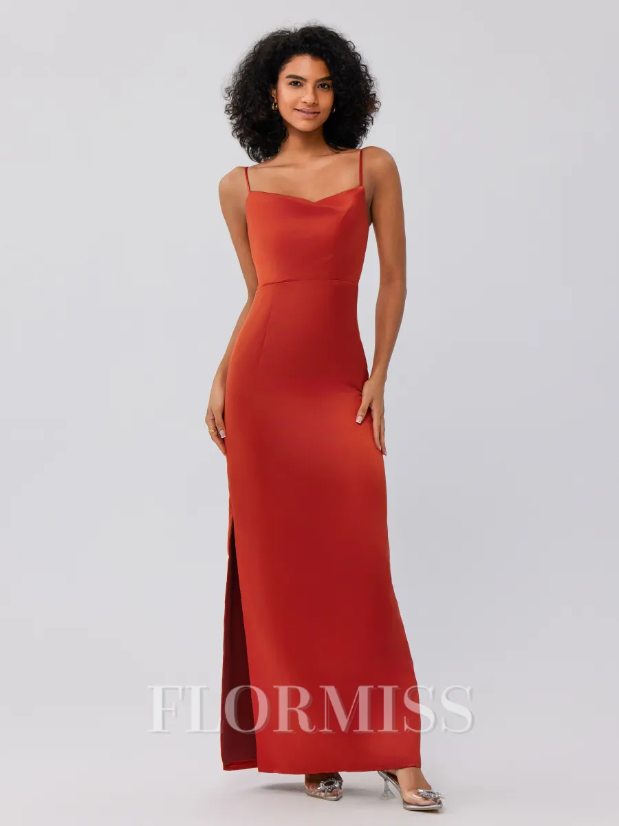 Sheath/Column Satin Ruched Spaghetti Straps Sleeveless Ankle-Length Bridesmaid Dresses