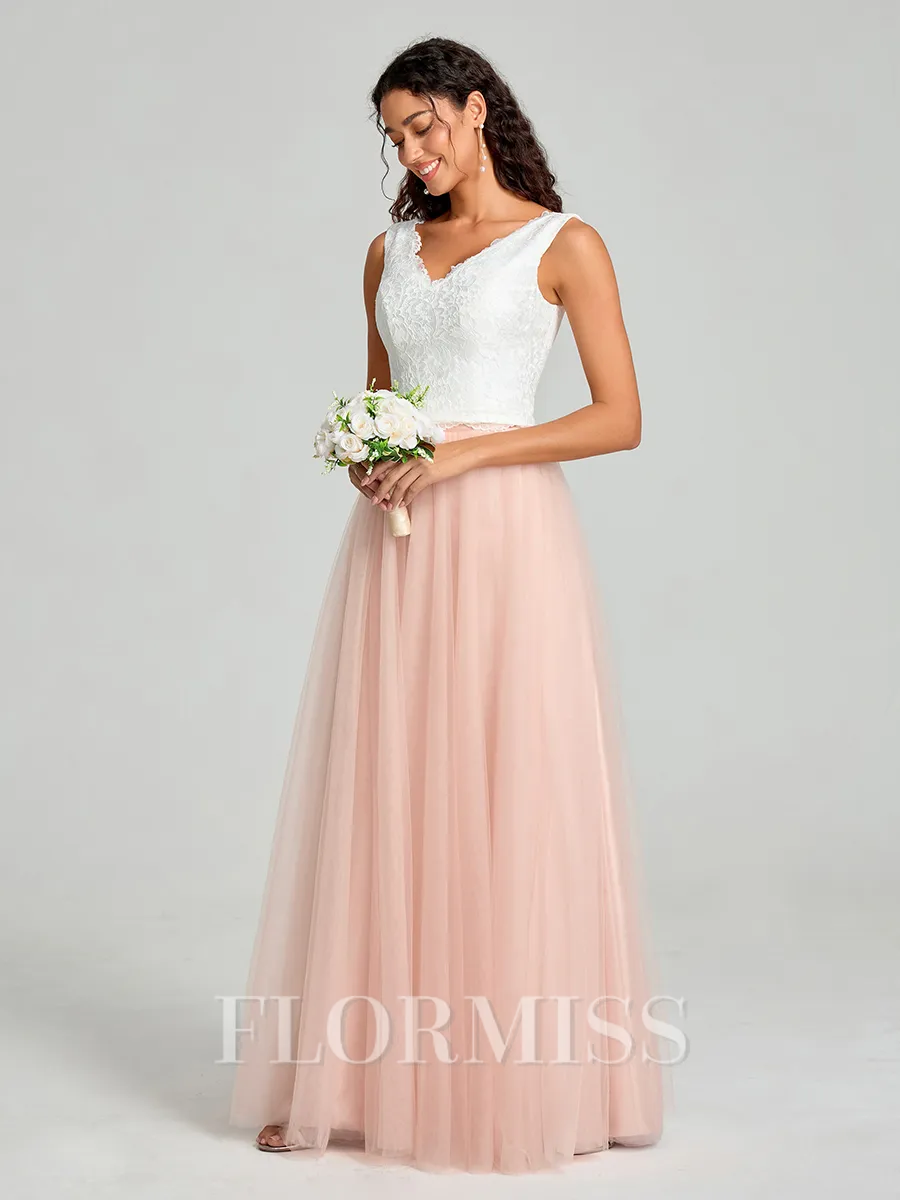 A-Line/Princess V-neck Floor-Length Sleeveless Tulle Bridesmaid Dress