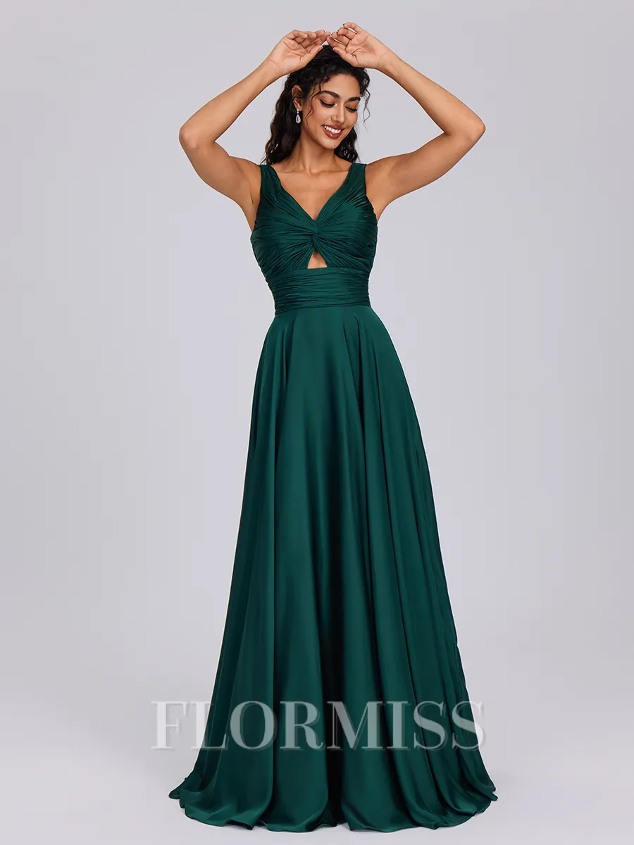 A-line V-neck Pleated Floor-Length Silk Like Satin Bridesmaid Dress
