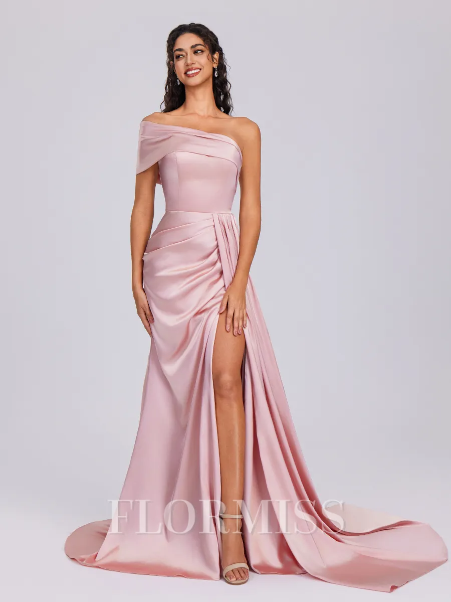 Sheath One-Shoulder Pleated Sweep Train Silk Like Satin Bridesmaid Dress