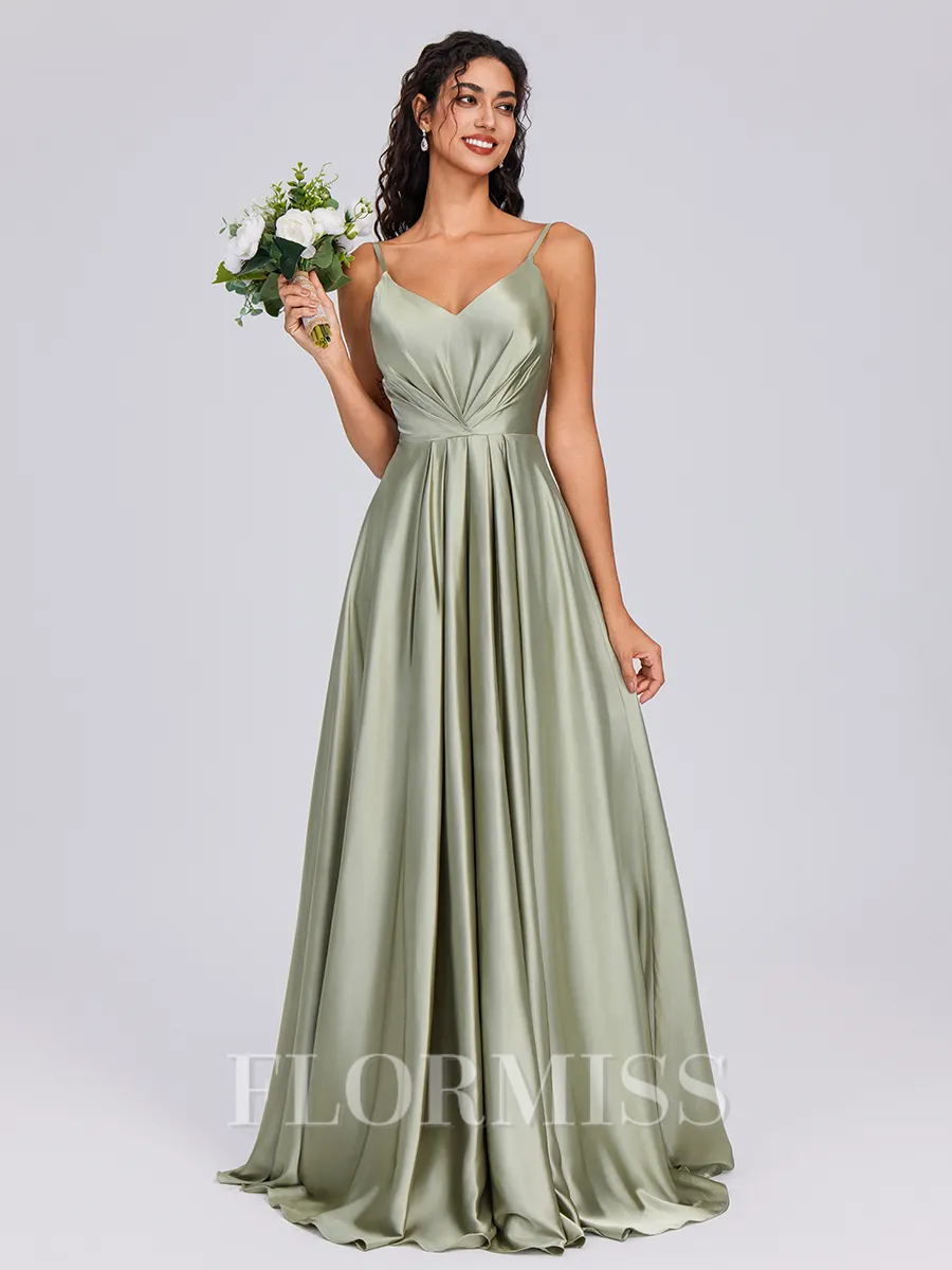 A-line V-neck Pleated Floor-Length Silk Like Satin Bridesmaid Dress