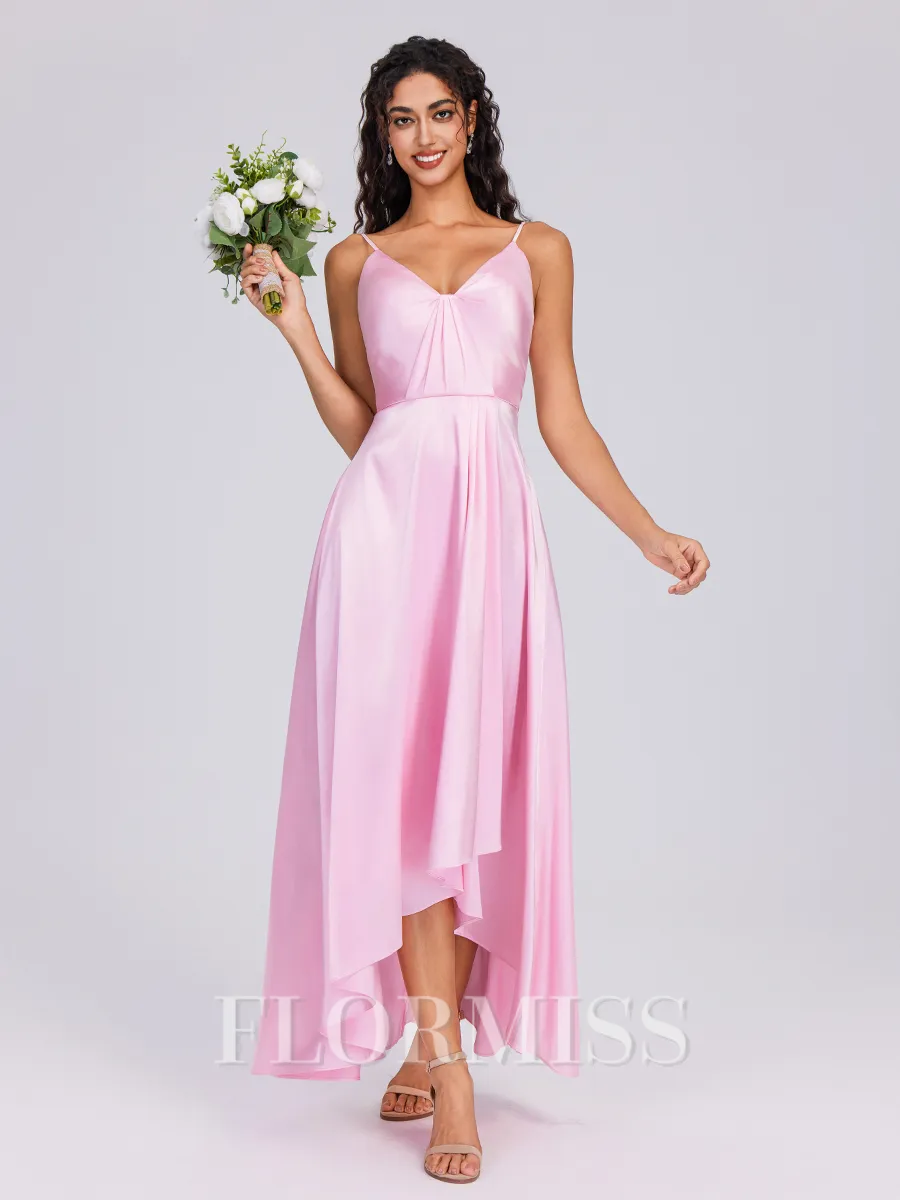 A-line V-neck Pleated Ankle-Length Silk Like Satin Bridesmaid Dress
