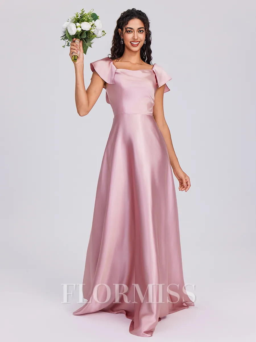 A-line Square Short Sleeves Floor-Length Silk Like Satin Bridesmaid Dress