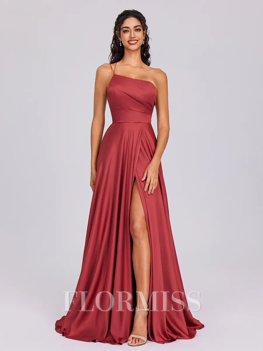 A-line One-Shoulder Pleated Floor-Length Silk Like Satin Bridesmaid Dress