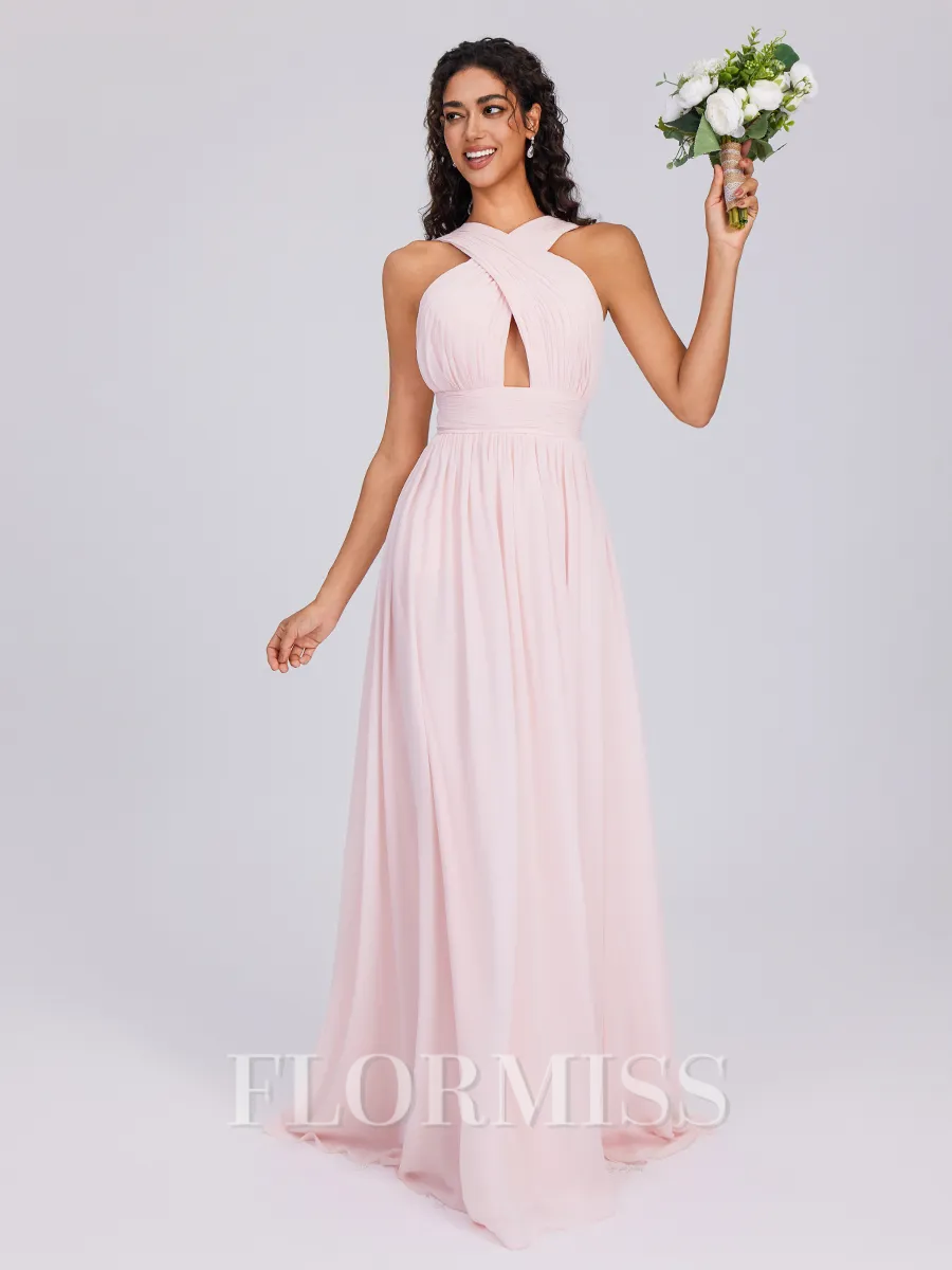 A-line Halter Pleated Floor-Length Chiffon Bridesmaid Dress