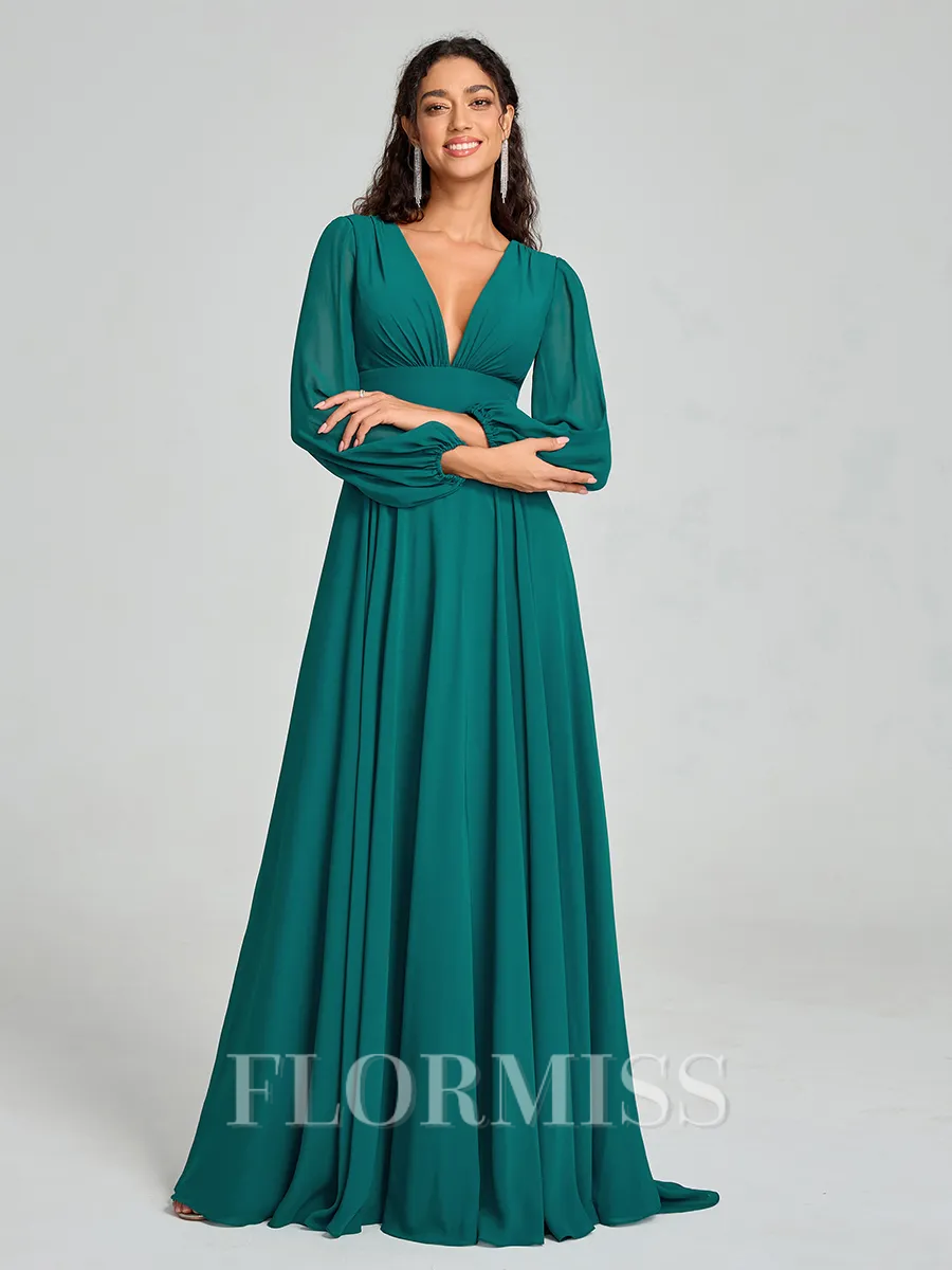 A-Line/Princess V-neck Sweep/Brush Train Long Sleeves Chiffon Bridesmaid Dress